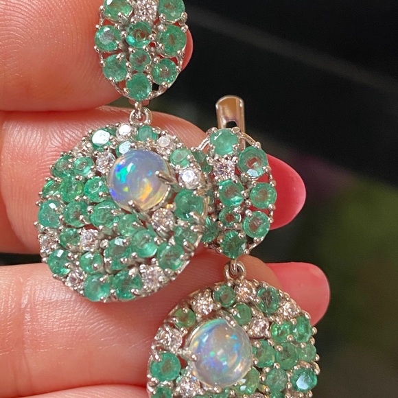 Fascinating Genuine Emerald Fire Opal Earrings - Picture 7 of 17